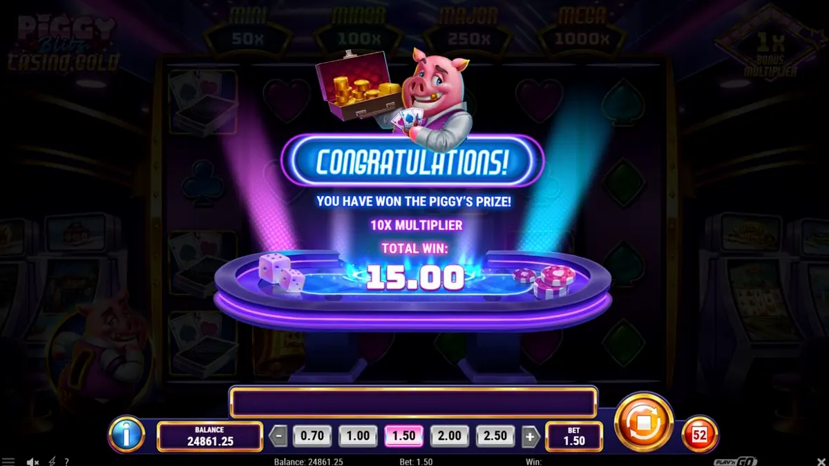 Piggy Blitz Casino Gold slot machine interface na may neon lights at piggy characters
